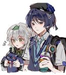  1boy 1girl alternate_hairstyle animal animalization aqua_gem aqua_trim arm_at_side asymmetrical_sidelocks backpack bag beret black_bag black_dress black_hair black_hat blue_necktie blue_trim blunt_ends blush braid cat closed_mouth collared_shirt commentary_request contemporary cropped_torso cross-shaped_pupils cup disposable_cup dress drinking_straw eyelashes feathers gem genshin_impact green_eyes green_hair green_shirt grey_hair grey_pupils grey_sweater_vest hair_between_eyes half_up_braid hand_up hat height_difference highres holding holding_animal holding_cat holding_cup innagaja korean_commentary leaf leaf_on_head long_hair long_sleeves looking_at_animal looking_at_viewer multicolored_hair nahida_(genshin_impact) necktie notice_lines official_alternate_costume open_mouth person_and_animalization pointy_ears pom_pom_(clothes) purple_cat purple_eyes scaramouche_(cat)_(genshin_impact) scaramouche_(genshin_impact) school_uniform shirt short_sleeves sidelocks sketch streaked_hair sweater_vest symbol-shaped_pupils tareme tsurime undershirt vision_(genshin_impact) wanderer_(genshin_impact) wanderer_(mega_mgc_coffee)_(genshin_impact) white_background white_shirt white_sleeves wing_collar wispy_bangs yellow_feathers 