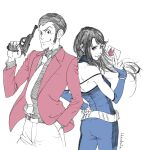  1boy 1girl arsene_lupin_iii bare_shoulders belt belt_buckle black_eyes black_hair black_shirt blue_bodysuit bodysuit bracelet buckle cat's_eye closed_mouth commentary_request crossover facial_hair gun hand_in_pocket handgun highres holding holding_gun holding_weapon jacket jewelry kisugi_hitomi long_hair long_sleeves looking_at_viewer lupin_iii lupin_iii_vs_cat's_eye medium_sideburns necktie official_art open_clothes open_jacket pants pink_jacket promotional_art shirt short_hair sideburns simple_background smile tie_clip walther_p38 weapon white_background white_necktie white_pants 
