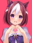  1girl animal_ears blush bow bowtie braid breasts brown_hair collarbone commentary_request ear_bow four-finger_heart_hands half_up_braid heart heart_hands highres horse_ears horse_girl multicolored_hair open_mouth puffy_short_sleeves puffy_sleeves purple_bow purple_bowtie purple_eyes purple_shirt sabi1234 sailor_collar sailor_shirt school_uniform shirt short_hair short_sleeves simple_background smile solo special_week_(umamusume) teeth tracen_school_uniform two-tone_hair umamusume upper_body upper_teeth_only white_hair 