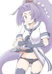  1girl akara_kai black_panties black_thighhighs clothes_lift dress dress_lift floating_headgear gloves hair_ribbon hatsuharu_(kancolle) headgear highres kantai_collection long_hair looking_at_viewer panties ponytail purple_eyes purple_hair ribbon sailor_dress school_uniform serafuku short_eyebrows smile sweatdrop tail_raised thighhighs underwear very_long_hair white_background 