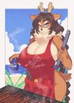  1girl animal_ears animal_nose antlers apron beach blue_eyes blue_hair blue_sky body_fur borrowed_character braid braided_ponytail breasts brown_hair can canadian_flag canadian_flag_print cloud cloudy_sky commentary commission cooking cowboy_shot deer_ears deer_girl deer_tail drink drink_can english_commentary fingernails flag_print food freckles furry furry_female grill grilling hands_up highres holding holding_can holding_drink holding_tongs horns huge_breasts inkerton-kun long_hair looking_at_viewer meat nail_polish naked_apron neck_fur olive_(rawk_manx) original outdoors parted_lips red_apron red_nails reindeer_girl sausage second-party_source single_braid sky smile solo tail tongs two-tone_fur very_long_hair 