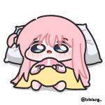  1girl blanket blue_eyes bocchi_the_rock! chibi chibi_only commentary full_body gotoh_hitori head_on_pillow highres jacket long_hair lulalang lying on_back one_side_up open_mouth pillow pink_hair pink_jacket simple_background solo twitter_username white_background 