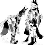  1girl 2boys aged_down animal_ear_fluff animal_ear_hood animal_ears artist_name asymmetrical_sleeves bag blunt_ends blush bob_cut boots bridal_legwear cape capelet capri_pants child choker cloak closed_mouth collei_(genshin_impact) commentary_request cyno_(genshin_impact) dark-skinned_male dark_skin drawstring earrings eye_contact flower fox_boy fox_ears fox_tail fur-trimmed_headwear fur_trim genshin_impact gloves greyscale hair_between_eyes hair_over_one_eye hands_up hat highres hood hood_down hood_up hooded_cloak hoodie jewelry lace-up_boots leaning_forward long_hair long_sleeves looking_at_another monochrome mugi_(kyom_ugi) multicolored_hair multicolored_pants multiple_boys one_eye_covered open_mouth pants parted_bangs profile rope sash satchel short_hair short_shorts short_sleeves shorts shoulder_bag simple_background single_earring smile standing streaked_hair swept_bangs tail tighnari_(genshin_impact) twitter_username uneven_sleeves ushanka white_background wide_sleeves 