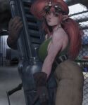  1girl absurdres belt between_breasts black_belt black_gloves borrowed_character breasts brown_pantyhose chain-link_fence commentary elf english_commentary fence flare_(blakesaywhat) gift_art gloves goggles goggles_on_head green_tank_top high-waist_pants highres huge_weapon large_breasts leather leather_gloves long_hair low_ponytail muscular muscular_female orange_eyes original pants pantyhose pointy_ears ponytail red_hair revision solo tank_top treeink weapon 