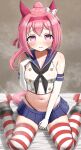  1girl animal_ears bare_shoulders black_neckerchief black_panties blue_sailor_collar blue_skirt blush bow breasts commentary_request commission cosplay crop_top ear_bow elbow_gloves flower-shaped_pupils gloves haru_urara_(umamusume) head_tilt highleg highleg_panties highres horse_ears horse_girl kantai_collection long_hair looking_at_viewer microskirt navel neckerchief panties pink_eyes pink_hair pleated_skirt ponytail red_thighhighs sailor_collar shimakaze_(kancolle) shimakaze_(kancolle)_(cosplay) sitting skeb_commission skirt small_breasts solo steaming_body stomach striped_clothes striped_thighhighs sukenoha sweat symbol-shaped_pupils thighhighs umamusume underwear wariza white_bow white_gloves white_thighhighs 