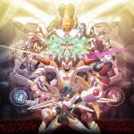  2girls 6+boys absurdres arm_cannon armor blue_armor blue_helmet cyber_elf_(mega_man) dr._weil_(mega_man) elpizo_(mega_man) energy_sword fighting_fefnir_(mega_man) forehead_jewel group_picture helmet hidden_phantom_(mega_man) highres holding holding_sword holding_weapon master_albert_(mega_man) mega_man_(series) mega_man_zero_(series) mega_man_zx model_w_(mega_man) multiple_boys multiple_girls omega_(mega_man) pandora_(mega_man) prometheus_(mega_man) sage_harpuia_(mega_man) serpent_(mega_man) sword ultimatemaverickx weapon 