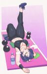  1girl abs alternate_costume arm_up armpits arms_up bare_arms black_hair black_pants black_sports_bra bottle breasts breath cleavage clenched_hand commentary commission dumbbell english_commentary exercising fire_emblem fire_emblem:_three_houses hair_over_one_eye hand_towel heavy_breathing highres inkerton-kun knee_up large_breasts leg_up looking_at_viewer lying on_back open_mouth pants purple_eyes second-party_source shamir_nevrand short_hair solo sports_bra stomach stretching teeth thick_thighs thighs tight_clothes tight_pants toned toned_female water_bottle workout_clothes wristband yoga_mat yoga_pants 