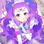  1girl :o arm_warmers blue_bow blue_flower bow brown_eyes circlet commentary cowboy_shot cropped_shirt dot_nose earrings eyelashes fingernails floral_print flower forehead frilled_sleeves frills gold_earrings hair_bobbles hair_bow hair_ornament hair_pulled_back hand_on_own_cheek hand_on_own_face hand_up highres jewelry lace lace-trimmed_arm_warmers lace_trim light_blush long_hair looking_at_viewer magical_girl midriff milky_rose mimino_kurumi navel neck_flower open_mouth picture_frame precure purple_background purple_hair purple_theme rose_print serizawa_serizane shirt short_sleeves sidelocks skirt skirt_set solo thick_eyebrows two_side_up very_long_hair wavy_hair white_arm_warmers white_shirt white_skirt yes!_precure_5 yes!_precure_5_gogo! 