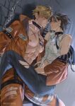 2boys abs absurdres arms_behind_back bandaged_leg bandages bare_pectorals black_collar blonde_hair blush brown_eyes brown_hair chain chest_tattoo collar collared_shirt covered_mouth cross_scar crystal_necklace dungeon eiden_(nu_carnival) ermine glowing grey_pants hand_on_another's_neck highres jacket jewelry large_pectorals licking_lips long_sleeves looking_at_another male_focus manly merronng multicolored_hair multiple_boys muscular muscular_male necklace nipples nu_carnival off_shoulder official_alternate_costume official_alternate_hair_color open_clothes open_jacket open_shirt orange_eyes orange_jacket orange_pants pants pectorals pendant quincy_(nu_carnival) quincy_(shackled_thug)_(nu_carnival) ring scar scar_on_pecs shirt short_hair short_sleeves single_bare_shoulder sitting sitting_on_person streaked_hair sweatdrop tattoo thick_thighs thigh_strap thighs toned toned_male tongue tongue_out torn_clothes torn_pants twitter_username two-tone_hair undercut v-taper weasel white_hair white_shirt yaoi zipper 