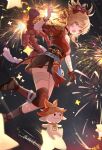  1girl aerial_fireworks aranara_(genshin_impact) asymmetrical_legwear bandaged_arm bandaged_leg bandages black_gloves black_socks black_thighhighs blonde_hair bracelet chest_tattoo chinese_commentary choker commentary_request fingerless_gloves fireworks genshin_impact gloves hadanugi_dousa hand_up highres issign japanese_clothes jewelry kimono kneehighs long_hair looking_at_viewer night obi obijime open_mouth orange_kimono ponytail red_choker rope sandals sash shimenawa single_bare_shoulder single_fingerless_glove sky smile socks solo sparkle star_(sky) starry_sky tattoo teeth thighhighs uneven_legwear upper_teeth_only vision_(genshin_impact) yellow_eyes yoimiya_(genshin_impact) zouri 