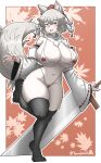  1girl absurdres animal_ears bikini black_thighhighs breasts claws cleavage commentary_request detached_sleeves furry furry_female hair_between_eyes hat highres inubashiri_momiji large_breasts leaf leaf_print looking_at_viewer maple_leaf maple_leaf_print solo swimsuit tail thick_thighs thighhighs thighs tokin_hat touhou white_hair wolf_ears wolf_girl wolf_tail yamabikoyahoo 