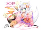  &gt;_&lt; 1girl 2019 :o animal animal_ears artist_name boar bow bowl chinese_zodiac commentary_request food food_request fox_ears fox_tail frilled_kimono frilled_sleeves frills full_body green_eyes hagoita hair_bow happy_new_year japanese_clothes kimono long_hair new_year obi original paddle ponytail sash shikito simple_background sitting tail wariza white_background white_hair wide_sleeves year_of_the_pig 