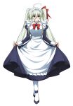  1girl absurdres ahoge apron blue_eyes bow clothes_lift commentary_request commission curtsey dress dress_lift einhard_stratos empty_eyes enmaided green_hair hair_between_eyes hair_bow heterochromia highres lifting_own_clothes long_hair lyrical_nanoha mahou_shoujo_lyrical_nanoha_vivid maid maid_apron maid_headdress mind_control oshimaru026 pixiv_commission purple_eyes simple_background solo tachi-e twintails very_long_hair white_background 