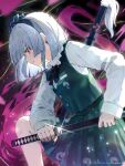  1girl black_bow black_bowtie black_hairband bow bowtie collared_shirt commentary_request glint green_skirt green_vest grey_hair hairband highres hitodama hitodama_print holding holding_sword holding_weapon katana konpaku_youmu konpaku_youmu_(ghost) nene_man red_eyes shirt short_hair skirt skirt_set solo sword touhou unsheathed vest weapon white_shirt 