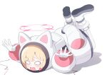  1girl animal_ear_helmet animal_helmet backpack bag blonde_hair blue_archive blush boots bow cat_helmet commentary fake_tail fallen_down feet_up full_body gloves hair_bow halo helmet jacket long_sleeves lossy-lossless low-tied_sidelocks lying momoi_(armed)_(blue_archive) momoi_(blue_archive) mou_buzhiming_huashi official_alternate_costume on_stomach open_mouth pink_bow pink_halo shadow sidelocks simple_background solo spacesuit tail teardrop untranslatable_commentary white_background white_boots white_gloves white_helmet white_jacket white_tail wide_oval_eyes 