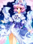  1girl 2000s_(style) anime_coloring back_bow blue_bow blue_hat blue_kimono blue_ribbon blue_veil bow center_frills cherry_blossom_print cherry_blossoms collared_kimono commentary_request cowboy_shot dot_nose falling_petals faux_retro_artstyle floating_clothes floral_print frilled_garter frilled_headwear frilled_kimono frilled_veil frills gradient_sky happy hat highres hitodama holding holding_ghost japanese_clothes kimono kurokoge_karubi light_blush long_sleeves mob_cap neck_ribbon night obi open_mouth outdoors petals pink_eyes pink_hair print_headwear print_kimono ribbon ribbon-trimmed_bow ribbon-trimmed_kimono ribbon_trim saigyouji_yuyuko sash short_hair sky sleeve_garter smile solo spiral_print spring_(season) standing tareme teeth thighs touhou triangular_headpiece veil waist_bow wide_sleeves 