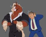 anthro body_hair brian_winddancer chest_hair clothing crossover disney duo hi_res hoof_hands hoppers_(disney) human jerry_generazzo male mammal mature_anthro mature_human mature_male neck_tuft necktie polartoons suit tuft zootopia