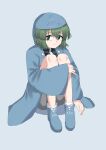  1other absurdres androgynous bare_legs black_shirt blue_background blue_boots blue_jacket boots buttons closed_mouth commentary_request detached_hood dot_nose frown full_body green_eyes green_hair grey_shorts hair_between_eyes hand_on_own_leg highres hood hood_up hooded_jacket jacket knee_up kurokoge_karubi len'en long_sleeves looking_at_viewer medium_hair nervous open_clothes open_jacket other_focus shadow shirt shitodo_aoji shorts simple_background sitting socks solo turtleneck turtleneck_shirt wavy_mouth white_socks wide_sleeves zipper 
