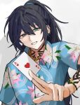  1boy ace_(playing_card) ace_of_hearts aqua_eyes arm_tattoo between_fingers black_eyes blue_shirt bracelet card chain chain_necklace collared_shirt commentary_request ear_piercing gold_chain grin hair_between_eyes heart heterochromia high_ponytail highres holding hong_lu_(project_moon) jewelry limbus_company long_hair looking_at_viewer male_focus neck_tattoo necklace piercing playing_card ponytail project_moon shirt short_sleeves sidelocks smile solo tattoo tingtang_gang_(identity)_(project_moon) to_gano upper_body white_background 