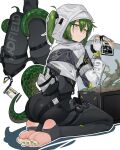  1girl absurdres arknights arknights:_endfield black_bodysuit bodysuit crocodile_girl crocodilian_tail fingerless_gloves fluorite_(arknights) gloves green_eyes green_hair green_nails hair_between_eyes highres hood hoodie long_hair looking_at_viewer looking_back nanase_young seiza sidelocks sitting soles solo stirrup_legwear tail toeless_legwear toes white_hoodie 