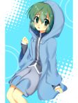  1other 2000s_(style) androgynous anime_coloring black_shirt blue_background blue_jacket blue_shorts border buttons commentary_request cowboy_shot detached_hood dot_nose faux_retro_artstyle green_eyes green_hair grey_shorts hair_between_eyes halftone halftone_background highres hood hood_up hooded_jacket invisible_chair jacket kurokoge_karubi layered_sleeves len'en light_blush long_sleeves open_clothes open_jacket open_mouth other_focus pillarboxed shirt shitodo_aoji short_hair shorts sitting sleeves_past_wrists solo tareme turtleneck turtleneck_shirt two-tone_shorts wavy_mouth white_border wide_sleeves 