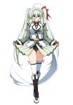  1girl absurdres ahoge ass_visible_through_thighs blue_eyes boots bow brown_boots clothes_lift commentary_request commission crossed_legs curtsey einhard_stratos empty_eyes fingerless_gloves full_body gloves green_hair green_jacket green_skirt hair_between_eyes hair_bow heterochromia highres jacket leotard leotard_peek lifting_own_clothes long_hair lyrical_nanoha magical_girl mahou_shoujo_lyrical_nanoha_vivid maid_headdress mind_control oshimaru026 pixiv_commission purple_eyes simple_background skirt skirt_lift solo straight-on tachi-e thigh_gap thighhighs twintails very_long_hair watson_cross white_background 
