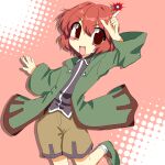  1other 2000s_(style) anime_coloring bare_legs black_shirt blush_stickers boots brown_shorts buttons collared_shirt commentary_request cowboy_shot faux_retro_artstyle floating_clothes green_boots green_jacket hair_between_eyes halftone halftone_background hand_on_own_head happy highres hood hood_down hooded_jacket jacket kurokoge_karubi leg_up len'en long_sleeves magic open_clothes open_jacket open_mouth outstretched_arms pointing red_background red_eyes red_hair shadow shirt shitodo_hooaka short_hair shorts smile socks solo tareme white_socks wide_sleeves zipper 