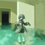  1other androgynous ascot bare_legs black_shorts black_socks brown_ascot brown_coat brown_shoes coat coattails collared_coat commentary_request doorway flood green_shorts grey_eyes grey_hair happy highres holding holding_shoes holding_unworn_clothes houlen_yabusame indoors japanese_clothes jinbei_(clothes) kurokoge_karubi lapels layered_sleeves len'en long_sleeves notched_lapels open_mouth other_focus puffy_short_sleeves puffy_sleeves reflection reflective_liquid shoes short_hair_with_long_locks short_over_long_sleeves short_sleeves shorts sidelocks smile socks solo tailcoat tareme tile_floor tile_wall tiles two-tone_shorts unworn_shoes v wading 