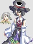  2000s_(style) 2others anime_coloring ascot bare_shoulders black_coat black_hair black_hat black_kimono black_shorts black_socks boots brown_ascot brown_boots brown_coat chibi closed_mouth coat coattails collared_coat collared_shirt commentary_request cowboy_shot detached_sleeves enraku_tsubakura expressionless eye_of_senri faux_retro_artstyle green_hakama grey_background grey_eyes grey_hair hair_between_eyes hakama hakama_short_skirt hakama_skirt hat highres houlen_yabusame japanese_clothes kimono kurokoge_karubi lapels layered_sleeves len'en light_frown long_sleeves multiple_others neck_ribbon notched_lapels open_mouth red_ribbon ribbon ribbon-trimmed_coat ribbon_trim shirt short_hair short_hair_with_long_locks short_over_long_sleeves short_sleeves shorts sidelocks simple_background skirt sleeveless sleeveless_coat sleeves_past_wrists smile socks standing tailcoat top_hat white_shirt white_sleeves 