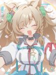  1girl animal_ears anzen_robo_(474zz) black_collar blast_onepiece_(umamusume) blush braid breasts brown_hair closed_mouth clothes_around_waist collar commentary_request fang hair_between_eyes hair_ornament heart horse_ears horse_girl horse_tail jacket large_breasts long_hair open_mouth outstretched_arms side_braid skin_fang smile solo star_(symbol) tail twintails umamusume white_jacket zipper 