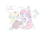  2girls ? ahoge anyoji_hime black_ribbon blonde_hair blue_hair blush brown_dress commentary confused dress dripping_eye flower full-face_blush gradient_hair hair_flower hair_ornament hair_ribbon hasu_no_sora_school_uniform hood hooded_jacket jacket link!_like!_love_live! long_hair long_sleeves love_live! multi-tied_hair multicolored_hair multiple_girls neckerchief open_clothes open_jacket open_mouth osawa_rurino pink_flower pink_jacket pipi_(m1x_mix) ponytail red_neckerchief ribbon sailor_collar sailor_dress school_uniform simple_background speech_bubble spoken_question_mark thai_text thought_bubble translation_request twintails untranslatable_commentary virtual_youtuber white_background white_sailor_collar winter_uniform yellow_neckerchief 