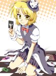  1other 2000s_(style) ace_(playing_card) ace_of_diamonds ace_of_hearts ace_of_spades androgynous anime_coloring between_breasts black_hairband black_hakama black_vest blonde_hair bow bowtie breasts brown_shoes card card_between_breasts center_frills checkered_floor closed_mouth collared_shirt commentary_request diamond_(shape) dice_hair_ornament dot_nose dress_shirt faux_retro_artstyle frills full_body hair_ornament hairband hakama hakama_short_skirt hakama_skirt halftone halftone_background hand_on_ground happy heart highres holding holding_card japanese_clothes kneehighs kurokoge_karubi len'en light_blush loafers other_focus playing_card puffy_short_sleeves puffy_sleeves red_bow red_bowtie shirt shoes short_hair short_sleeves sitting skirt smile socks solo spade_(shape) tailcoat traditional_bowtie two-tone_background vest wariza white_background white_shirt white_socks white_wrist_cuffs wrist_cuffs xeno_a yellow_background yellow_eyes 