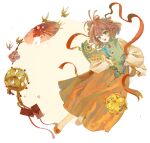  1girl :d absurdres ahoge alternate_costume animal_lantern aqua_vest bird blue_eyes bow brown_hair chinese_commentary circle circle_formation commentary_request flutterpage full_body hair_bow highres holding if_happiness_is_a_circle_(meme) lantern long_skirt long_sleeves looking_at_viewer meme oil-paper_umbrella orange_shoes orange_skirt paper_lantern puffy_long_sleeves puffy_sleeves red_bow red_shawl red_umbrella reverse:1999 shawl shoes short_hair skirt smile solo swallow_(bird) umbrella vest weibo_tang white_background 
