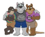 allcaps anthro badger barefoot black_text blue_bottomwear blue_clothing blue_sclera blue_shorts bottomwear brown_body brown_bottomwear brown_clothing brown_eyes brown_fur brown_shorts bruce_(brucebadger) brucebadger buckteeth clothing feet fur grey-t-shirt grey_body grey_fur group hug male mammal mole_(disambiguation) mustelid musteline open_mouth open_smile pink-nose pink_collar_t-shirt print_clothing print_shirt print_t-shirt print_topwear purple_clothing purple_shirt purple_t-shirt purple_topwear rodent shar_teeth shirt shorts simple_background smile t-shirt teeth teeth_showing text tie-dye_shirt topwear trio white_background white_text