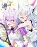  2girls ahoge animal_ear_fluff animal_ears blush braid breasts cat_ears cat_girl closed_eyes commentary_request fingernails fox_ears fox_girl hair_between_eyes highres holding holding_tennis_racket hololive hug hug_from_behind long_hair looking_at_another medium_breasts medium_hair multiple_girls nekomata_okayu onigirya_(nekomata_okayu) open_mouth purple_eyes purple_hair racket shirakami_fubuki shirt sleeveless sleeveless_shirt smile sweat tennis tennis_racket user_nxpu2844 very_long_hair virtual_youtuber white_hair white_shirt 
