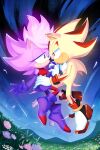  2:3 absurd_res drawloverlala duo eulipotyphlan eyelashes female flower flying fur grass half-closed_eyes hedgehog hi_res male male/female mammal narrowed_eyes night orange_eyes pink_body pink_fur plant sega shadow_the_hedgehog sonia_the_hedgehog sonic_the_hedgehog_(series) sonic_underground star super_shadow yellow_body yellow_fur 