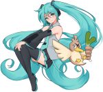  1girl absurdly_long_hair aqua_eyes aqua_hair aqua_nails aqua_necktie aqua_trim bare_shoulders black_boots black_skirt black_sleeves blush boots breasts closed_mouth collared_shirt commentary_request detached_sleeves farfetch'd fingernails floating full_body grey_shirt hair_between_eyes hair_ornament hands_on_own_knees hatsune_miku headset highres long_hair long_sleeves medium_breasts miniskirt nanumn necktie night open_mouth outdoors pleated_skirt pokemon pokemon_(creature) project_voltage shirt simple_background skirt sleeveless sleeveless_shirt small_breasts smile solo thigh_boots thighs twintails very_long_hair vocaloid white_background 