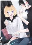  2girls :d aki_(rerrere) black_hair black_sweater blonde_hair blue_eyes commentary daifuku eating food happy_aura haru_(rerrere) highres imminent_bite indoors mochi multicolored_hair multiple_girls open_mouth original rerrere roots_(hair) sharing_food sitting smile sparkling_eyes sweater turtleneck turtleneck_sweater white_sweater 