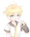  1boy aqua_eyes bass_clef black_sailor_collar blonde_hair child headphones highres kagamine_len male_focus mipi_(u3u_00) open_mouth ponytail sailor_collar short_hair short_ponytail solo vocaloid yellow_nails yellow_trim 