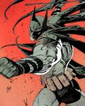  1boy absolute_batman absolute_dc axe back_spikes bat_mask batman batman_(absolute_dc) batman_(series) batman_symbol battle_axe belt bodysuit cowl dc_comics grey_bodysuit guillem_march highres lifting_object male_focus solo superhero_costume taut_bodysuit utility_belt weapon 
