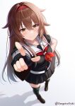  1girl absurdres asymmetrical_clothes black_gloves black_serafuku black_shirt black_skirt black_thighhighs brown_eyes brown_hair commentary_request fingerless_gloves from_above gloves hair_flaps hairband highres index_finger_raised kantai_collection looking_at_viewer neckerchief red_hairband red_neckerchief sailor_collar school_uniform serafuku shiratsuyu_(kancolle) shiratsuyu_kai_ni_(kancolle) shirt simple_background skirt solo thighhighs whistle whistle_around_neck white_background white_sailor_collar zangetsu_yuki_yuki 