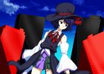  1other 2000s_(style) anime_coloring bare_shoulders black_coat black_eyes black_hair black_hat blue_sky building closed_mouth cloud coat coattails collared_shirt commentary_request cowboy_shot day detached_sleeves determined enraku_tsubakura faux_retro_artstyle green_hakama hakama hakama_short_skirt hakama_skirt hat highres japanese_clothes kurokoge_karubi len'en light_frown long_sleeves looking_to_the_side neck_ribbon outdoors red_ribbon ribbon ribbon-trimmed_collar ribbon_trim shirt short_hair skirt sky skyscraper sleeveless sleeveless_coat sleeveless_shirt solo standing tailcoat thighs top_hat two-sided_fabric two-sided_headwear white_shirt white_sleeves wide_sleeves 