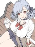  1girl :d alternate_costume blush breasts bubble_tea cardigan cardigan_around_waist clothes_around_waist cup disposable_cup drink drinking_straw food girls'_frontline girls'_frontline_2:_exilium grey_hair gyaru hair_ribbon highres holding holding_cup holding_drink holding_food large_breasts looking_at_viewer medium_hair miniskirt open_mouth red_eyes ribbon sabrina_(girls'_frontline_2) school_uniform scrunchie sitting skirt smile solo spas-12_(girls'_frontline) wrist_scrunchie yu_416416 