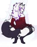 2024 anthro bare_shoulders batya black_body black_fur black_lips black_nose bulge bulge_from_behind butt canid canine canis cheek_tuft clothing colored crouching digital_drawing_(artwork) digital_media_(artwork) ear_piercing eyelashes facial_tuft fishnet_stockings flat_colors fur gynomorph hair half-closed_eyes hi_res inner_ear_fluff intersex lips long_hair looking_at_viewer looking_back looking_back_at_viewer mammal multicolored_body multicolored_fur narrowed_eyes piercing purple_eyes purple_hair rear_view red_clothing red_topwear snout solo spread_legs spreading tail topwear tuft two_tone_body two_tone_fur white_body white_fur white_hair wolf