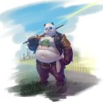  1boy absurdres arknights arknights:_endfield bara belly belt black_belt black_jacket black_pants claws closed_mouth commentary_request da_pan_(arknights) fat furry furry_male guadr highres holding holding_sword holding_weapon jacket male_focus navel over_shoulder pants pectoral_cleavage pectorals plump sunglasses sword sword_over_shoulder tank_top thermos towel weapon weapon_over_shoulder white_tank_top 