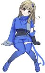  1girl absurdres asymmetrical_clothes asymmetrical_legwear asymmetrical_sleeves black_gloves blue_jacket blue_pantyhose blue_shoes blue_shorts blue_thighhighs blush brown_hair closed_mouth commentary full_body gloves head_tilt highres invisible_chair jacket kachimachi_kosuzu ladybug/beauty_(love_live!) link!_like!_love_live! long_sleeves looking_at_viewer love_live! pantyhose pink_eyes posushi shoes short_sleeves shorts side_ahoge simple_background single_glove single_leg_pantyhose sitting smile solo thighhighs uneven_legwear uneven_sleeves virtual_youtuber white_background 