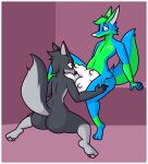 absurd_res andromorph big_butt big_teats blue_body blue_eyes border breast_play breasts butt canid canine canis dingo duo green_body grey_body hi_res hyper ikakins intersex intersex/male jayjay_idingo kneeling male mammal milk nipple_fetish nipple_play nipple_suck nipples nude sitting sucking teats thick_thighs udder_nursing udders white_border wide_hips wolf