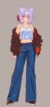  1girl :< alternate_costume animal_ears black_jacket blue_pants blush breasts brown_shoes cleavage closed_mouth contemporary denim grey_hair highres inubashiri_momiji jacket jeans jewelry looking_at_viewer medium_breasts midriff navel necklace open_clothes open_jacket pants shirt shoes simple_background sleeveless sleeveless_shirt soara_shimomo solo touhou white_shirt wolf_ears wolf_girl yellow_eyes 