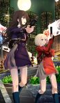  2girls belt black_dress black_eyes black_hair black_socks blonde_hair building commentary dress feet_out_of_frame full_moon gun highres holding holding_gun holding_weapon inoue_takina long_hair lycoris_recoil moon multiple_girls night nishikigi_chisato open_mouth outdoors red_dress red_eyes school_uniform sengoku_chidori short_hair socks stairs standing untranslatable_commentary weapon 