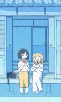  2girls :d animal barefoot black_cat black_hair blonde_hair blunt_ends cat closed_eyes closed_mouth coat commentary eating food fruit full_body highres holding holding_food iguana_taisa long_hair long_sleeves multiple_girls nichijou open_mouth outdoors professor_shinonome sakamoto_(nichijou) shinonome_nano shirt short_hair short_sleeves sitting skirt smile watermelon watermelon_slice white_coat white_shirt yellow_skirt |_| 